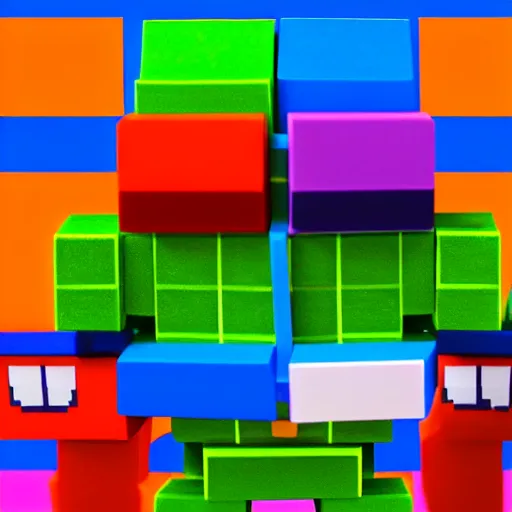 Image similar to block figures looking like roblox figures or minecraft players, playing with a computer in a block world, having fun in the sun, bright and fun colors