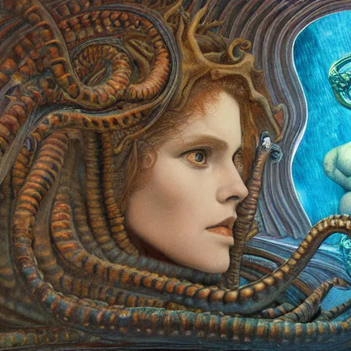 Image similar to eyes, tentacle-enabled underwater human descendant, futuristic painting by jim burns, edward burne-jones, dagon, hd 8k