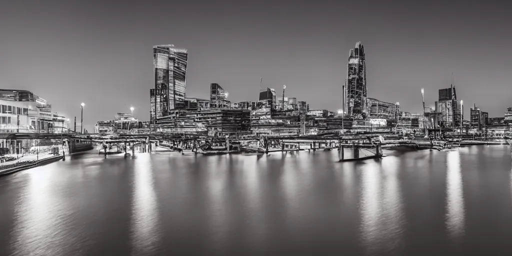 Prompt: high quality night photograph of Docklands in London, dimly lit cirrus clouds, long exposure, architecture photography, ultrawide image