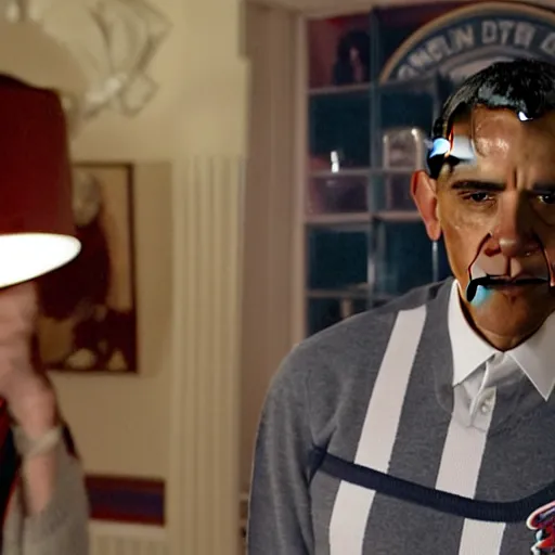 Image similar to riverdale still of obama wearing suspenders, a white varsity sweater with a varsity letter r, and a propeller cap, cap with a propeller on it, propeller hat