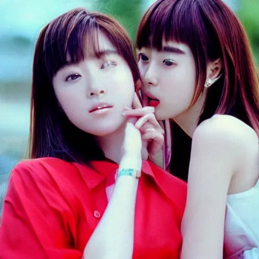 Image similar to 1990s, unbelievably beautiful, perfect, dynamic, epic, cinematic 8K HD movie shot of two semi-close-up japanese beautiful cute young J-Pop idols actresses girls, they express joy and posing together. By a Chinese movie director. Motion, VFX, Inspirational arthouse, high budget, hollywood style, at Behance, at Netflix, with Instagram filters, Photoshop, Adobe Lightroom, Adobe After Effects, taken with polaroid kodak portra