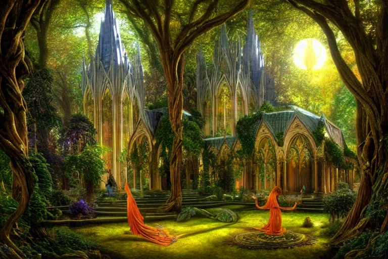 Prompt: a beautiful and highly detailed digital painting of an elven cathedral in a beautiful garden in a mystical forest, psychedelic, intricate details, cgsociety, 8 k, sharp focus, hyperrealism, by caspar friedrich, albert bierstadt, james gurney, brian froud,