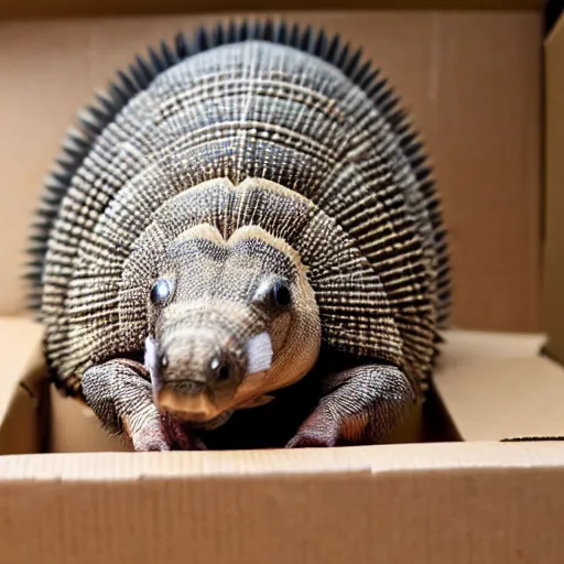 Prompt: an armadillo in a cardboard box