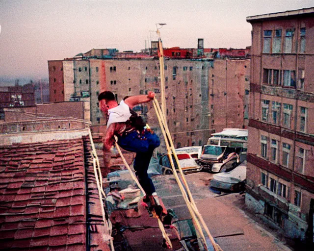 Image similar to lomo photo of roofjumpers climbing on roof of soviet hrushevka, small town, cinestill, bokeh, out of focus