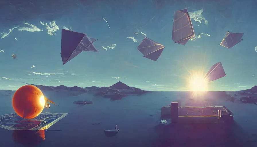 Prompt: solar sail floating in front of the sun in space, simon stalenhag