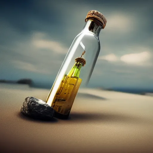 Prompt: message in a bottle from the future, photoreal, octane render 4 k,