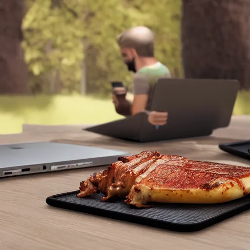 Image similar to friends have bbq eating Macbook Pros and iPad, photorealistic, 3d, Octane Render, Cinematica, perfect lightning