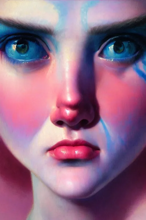 Image similar to a pale skinned girl with deep blue eyes crying neon pink tears, close up, highly detailed, intricate, sharp focus, subsurface scattering, art by caravaggio, greg rutkowski, sachin teng, thomas kindkade, alphonse mucha, norman rockwell, tom bagshaw.