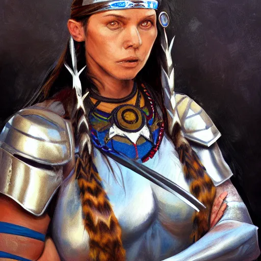 Image similar to painting of a shamanic warrior woman with blue eyes, native american, brown hair, and silver armor by jon foster, trending on artstation