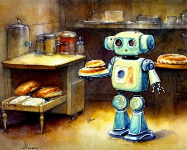 Image similar to a cute little robot in the kitchen baking bagels, holding a tray of bagels, watercolor painting by jean - baptiste monge, muted colors