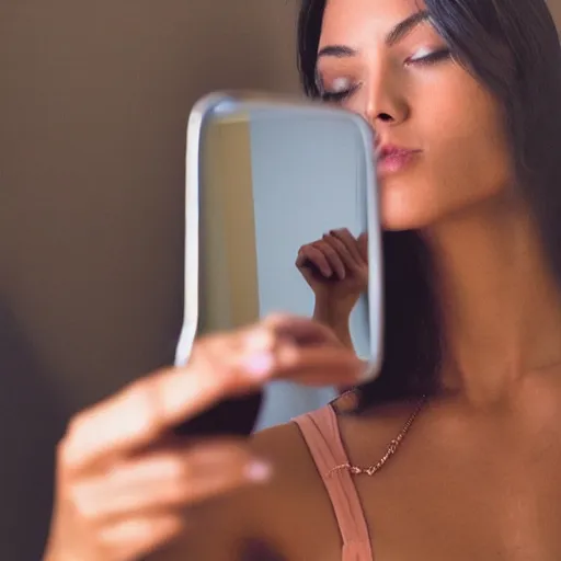 Prompt: an aesthetic image of a woman taking a selfie in the mirror, only to see a sexy reality in the reflection