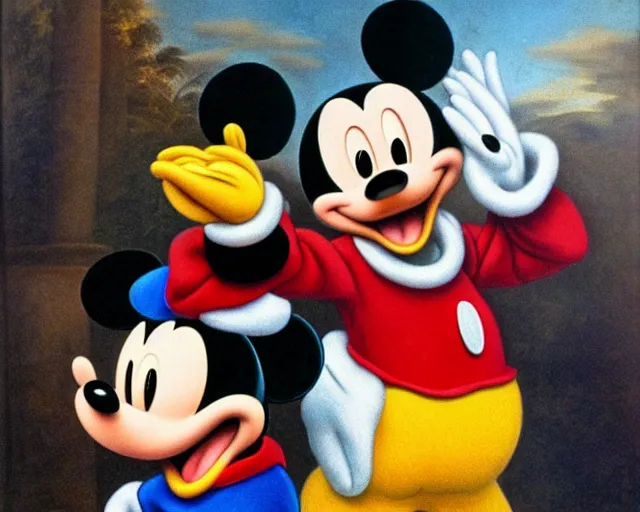 Prompt: renaissance style painting of Mickey Mouse and Donald Duck