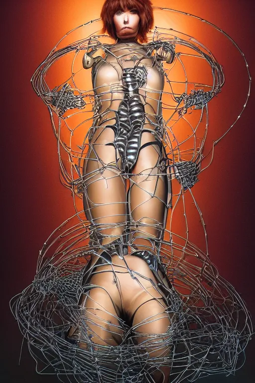 Image similar to portrait of a organic cyborg wrapped in barb wire by Hajime Sorayama and Jamie Coreth, trending on artstation, centered, symmetrical, rim lighting, electric hair, bilateral symmetry, 80s poster, polished, thick smoke, retro dark vintage sci-fi, 2D matte illustration