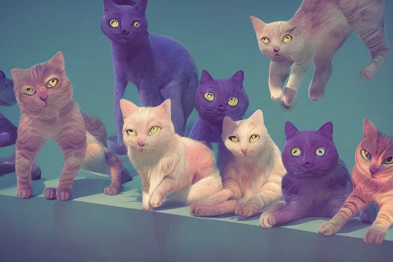 Image similar to beautiful art illustration of a group of happy cats by beeple, highly detailed