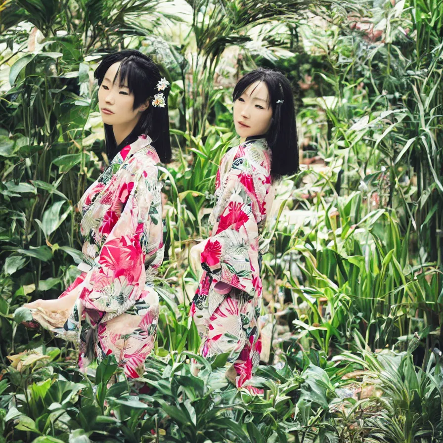 Image similar to photograph of a beautiful Japanese woman wearing a pretty kimono in a tropical greenhouse, by Annie Leibowiz, extremely detailed, large format camera, Fuji Provia, bokeh, photorealistic, trending on artstation, trending on instagram