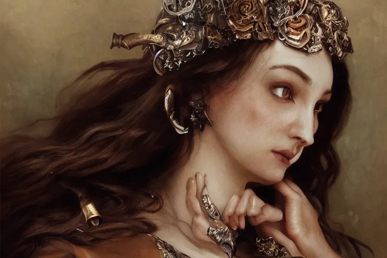 Image similar to a portrait of the bone queen, intricate, elegant, highly detailed, digital painting, crown of skulls, artstation, concept art, smooth, sharp focus, illustration, art by artgerm and greg rutkowski and alphonse mucha and william - adolphe bouguereau