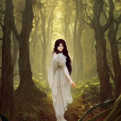 Prompt: beautiful girl wearing a black cloak standing in a forest, intricate, art by artgerm and greg rutkowski and alphonse mucha and william - adolphe bouguereau, high detailed, 4 k,