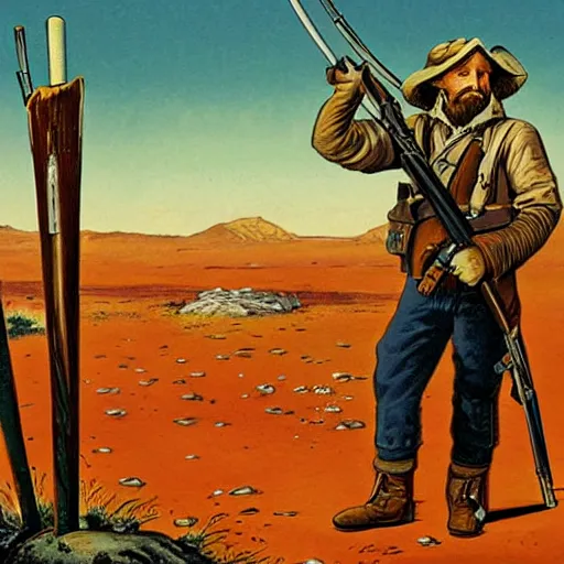 Prompt: 19th century scruffy american trapper holding a musket, on mars, pulp science fiction illustration