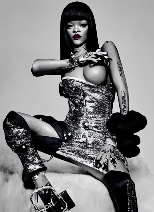 Image similar to rihanna styled by nick knight posing in an expensive mansion setting, vogue magazine, highly realistic. high resolution. highly detailed. dramatic. 8 k. 4 k.