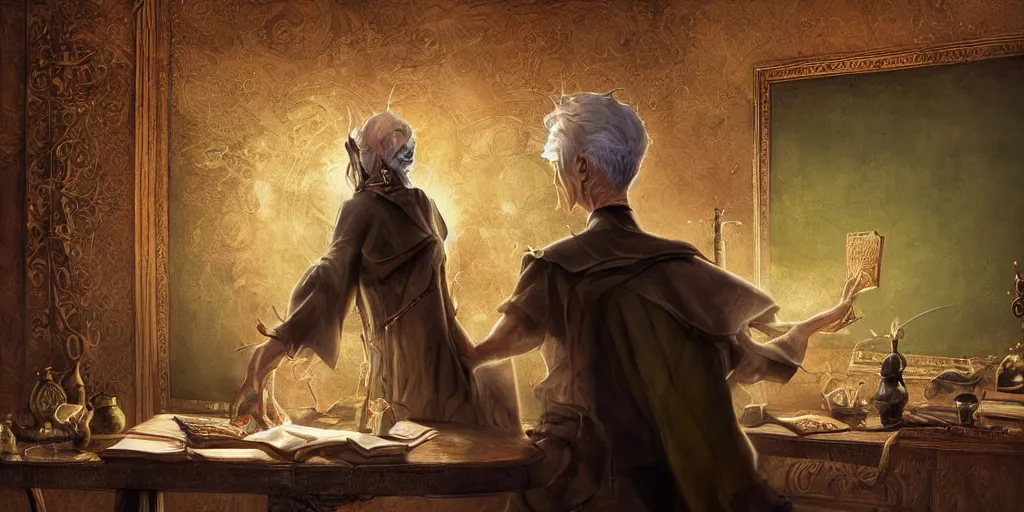 Image similar to back shot of wizened aristocrat examining the mysteries of tarot cards on a magical blackboard, fantasy art, matte painting, high quality, digital painting, artwork by tony sart