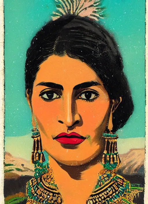 Prompt: an extreme close - up portrait of an ancient persian jewelry saleswoman in a scenic representation of mother nature and the meaning of life by billy childish, thick visible brush strokes, shadowy landscape painting in the background by beal gifford, vintage postcard illustration, minimalist cover art by mitchell hooks