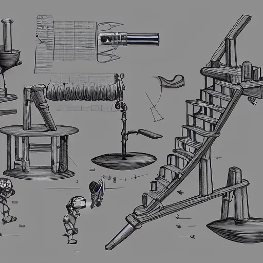 Image similar to musical rube goldberg machine, 2 d technical drawing by john howe, pixiv, deviantart, artstation, danbooru, illustration, realistic, 4 k, unreal 5 render