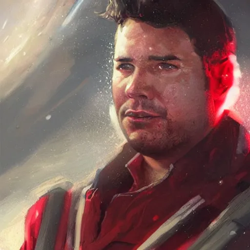 Image similar to portrait of a man by greg rutkowski, he looks like greg grunberg, tall and burly, star wars expanded universe, he is about 3 0 years old, wearing red and white starfighter pilot uniform from the galactic triunvirate.