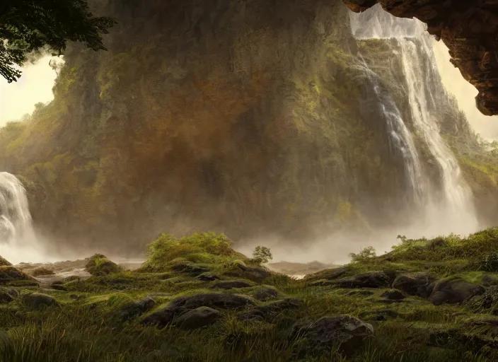 Image similar to A lone Neanderthal in a vast prehistoric landscape with waterfalls, 8k historical concept art, intricate detail, trending on artstation