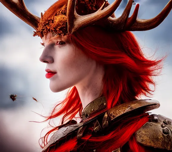 Image similar to a portrait photo of an armored woman warrior redhead with antlers sitting on the edge of a giant red cap mushroom that covers a whole town and reaches above the clouds by luis royo. intricate. lifelike. soft light. sony a 7 r iv 5 5 mm. cinematic post - processing