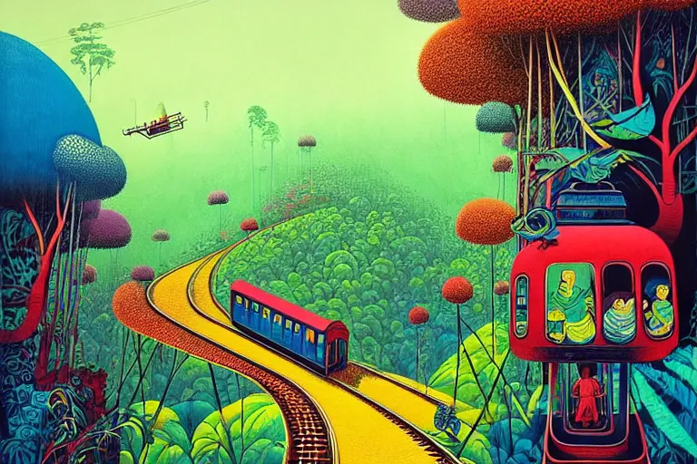 Image similar to surreal glimpse into other universe, ride train to penang hill, summer morning, very coherent and colorful high contrast, art by!!!! gediminas pranckevicius!!!!, geof darrow, floralpunk screen printing woodblock, dark shadows, hard lighting, stipple brush technique,