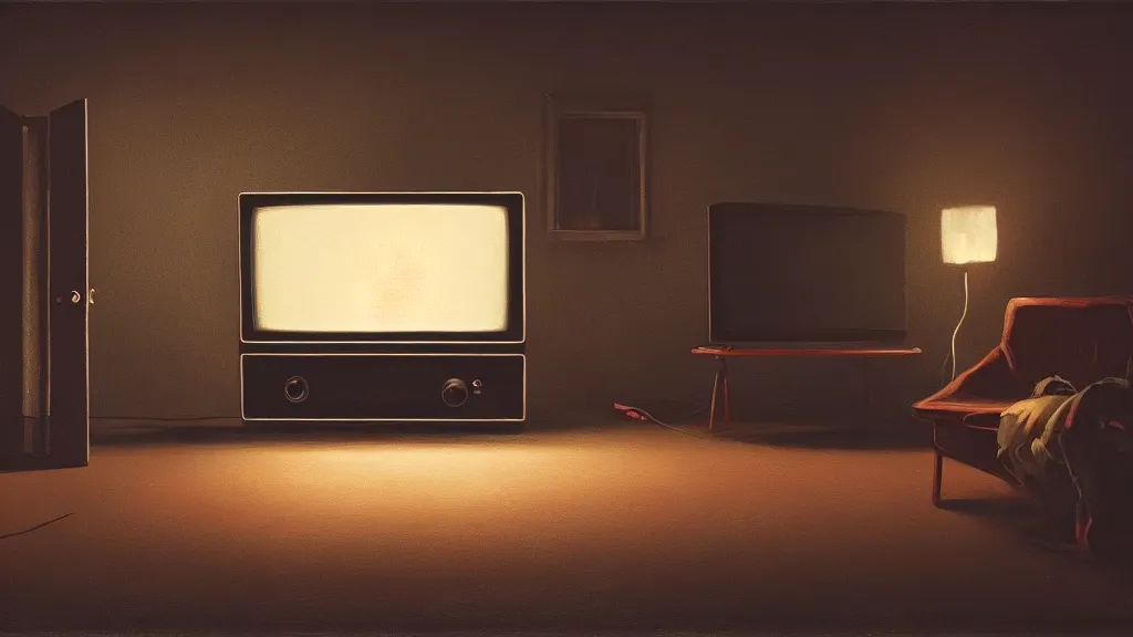 Image similar to a dark black room by night, one glowing vintage tv is standing on the floor, the door is nearly closed and thus shines light in a painting from stalenhag, 4 k, 8 k, hdr, artstation, concept art