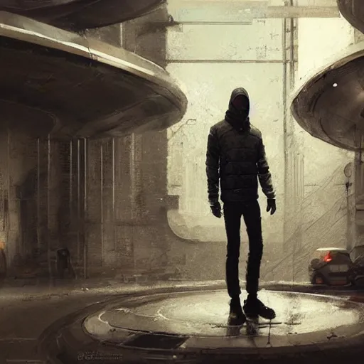 Image similar to concept art by greg rutkowski, a very tall and slender young man, dressed in patient clothes and an open sweatshirt, wandering through the desolate, futuristic, brutalist interior of a space colony, depressing atmosphere, low lighting, scifi, highly detailed portrait, digital painting, artstation, concept art, smooth, sharp foccus ilustration, artstation hq