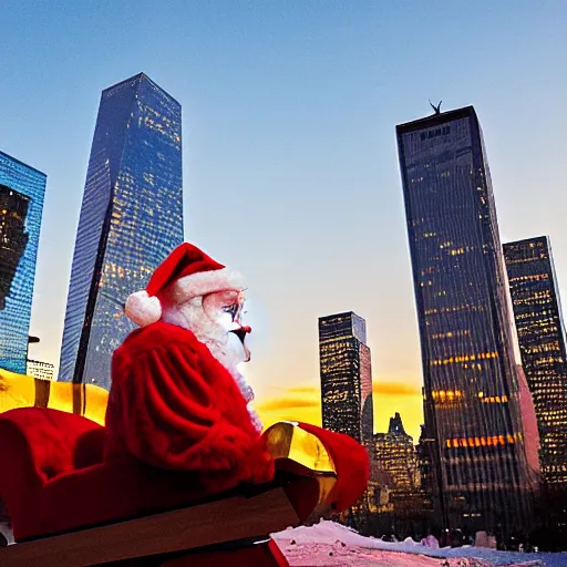 Image similar to santa claus in a sleigh in front of world trade center with a beautiful sunset in the background