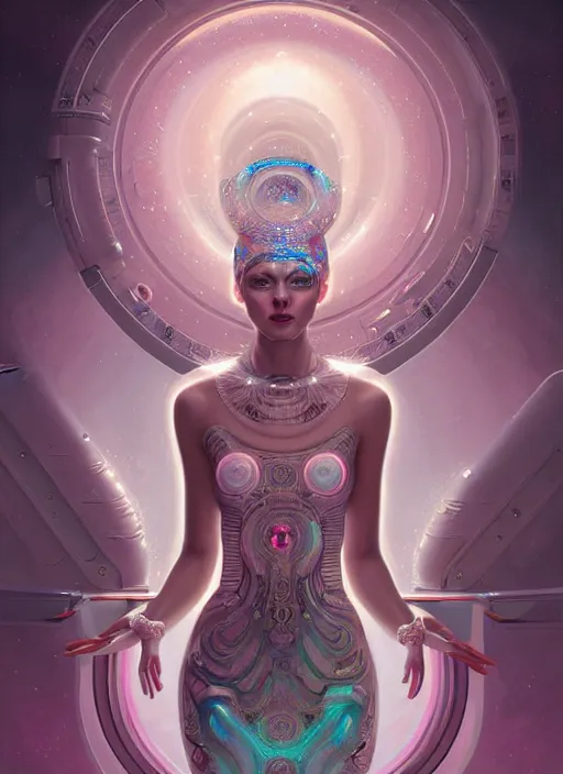 Prompt: porttait of a beautiful celestial Aztec pearlescent interstellar Goddess wearing a futuristic slim dress exposed in cryo chambers by James Jean, pink and white theme, captivating, intricate, elegant, highly detailed, centered, digital painting, artstation, concept art, smooth, sharp focus, illustration, by Peter Mohrbacher, WLOP