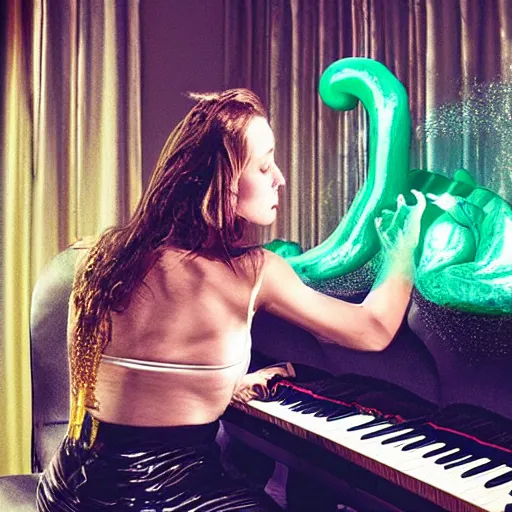 Image similar to slimy woman, playing piano, futuristic, pipe smoking, couch