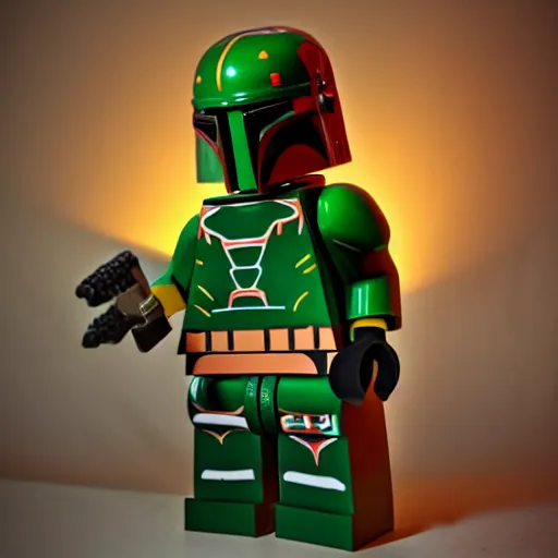 Prompt: HD photo of Intricate Lego sculpture of Boba Fett soft lighting plastic