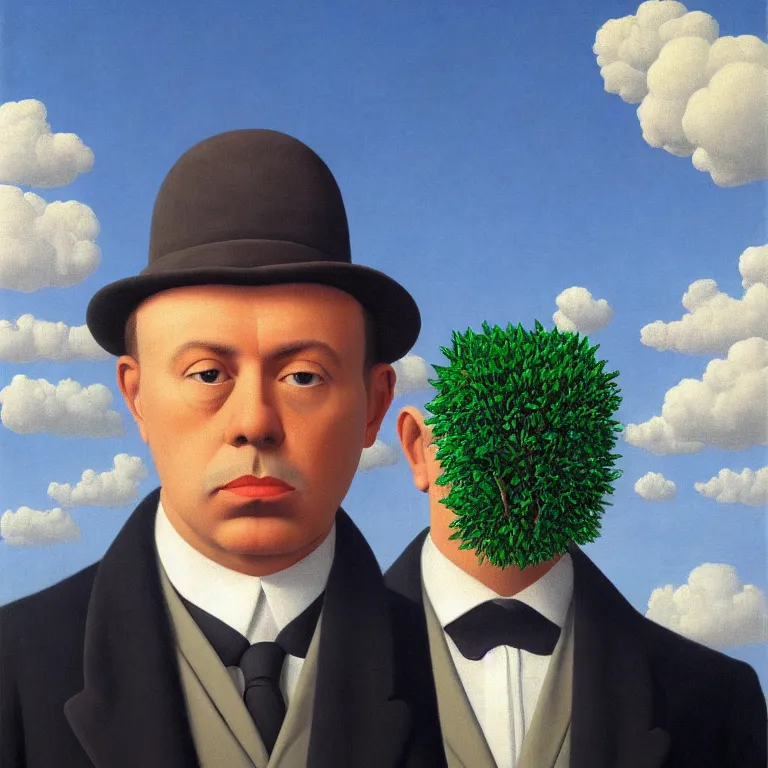 Image similar to portrait of a man whos head is made of clouds, by rene magritte, detailed painting, hd, hq, high resolution, high detail, 4 k, 8 k