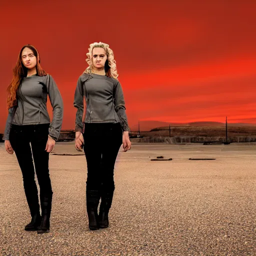 Image similar to photographic portrait of 2 clones in front of a brutalist metal building, 2 techwear women, on a desolate plain, red sky, sigma 8 5 mm f / 1. 4, 4 k, depth of field, high resolution, 4 k, 8 k, hd, full color