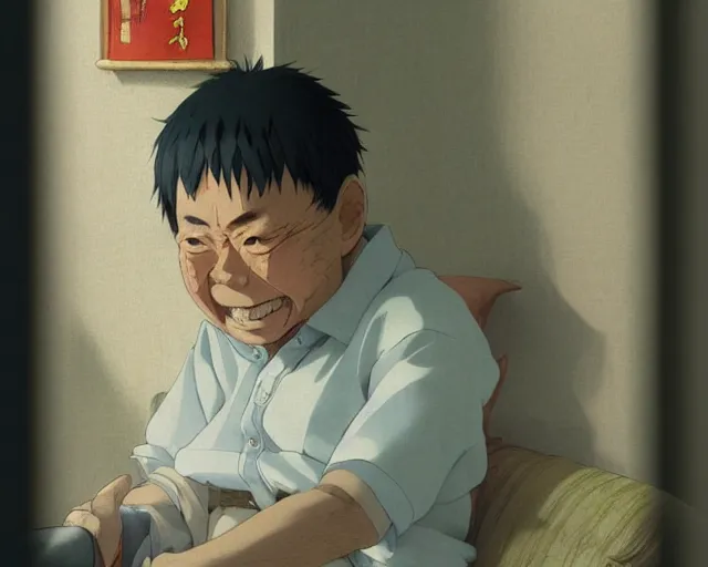 Prompt: a 50 year old brunnete happy chinese man with puffy cheeks sitting on a couch at home and talking on the phone, close up shot, anime art, Greg Rutkowski, studio ghibli, dramatic lighting