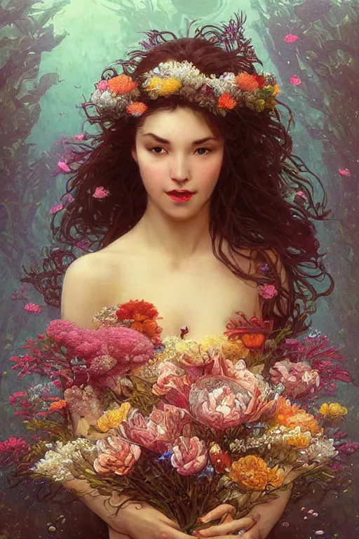 Image similar to portrait of a beautiful mysterious woman holding a bouquet of flowing flowers, hands hidden under the bouquet, submerged underwater filled with coral reef, fantasy, regal, intricate, by stanley artgerm lau, greg rutkowski, thomas kindkade, alphonse mucha, loish, norman rockwell
