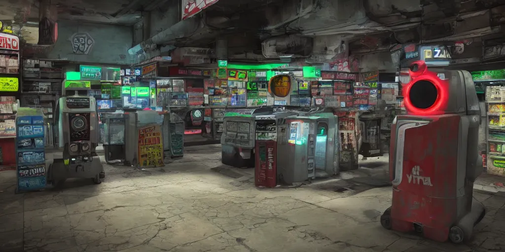 Image similar to Fallout-style robotic buying gaterade at 7Eleven | Trending on ArtStation, Fallout | Hyperrealistic CGI Photorealistic Cyberpunk Post Nuclear City