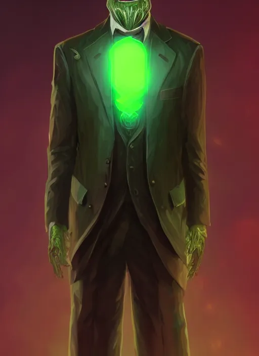 Image similar to a highly detailed illustration of bald old man wearing suit with green glowing eyes, dramatic standing pose, nuclear background, intricate, elegant, highly detailed, centered, digital painting, artstation, concept art, smooth, sharp focus, league of legends concept art, wlop.