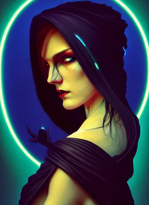 Image similar to side portrait, dark witch with black hood and evil eyes, realism, soft, smooth, luminescent, art nouveau tarot, backlit glow, colorful swirly ripples, gaudy colors, aesthetic octane render, unreal engine, 8 k, by artgerm, greg rutkowski, alphonse mucha