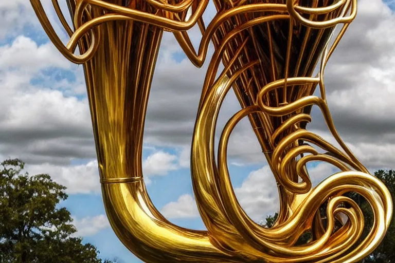 Prompt: a huge repetitive flock of many intricate sculptural elegant french horn tuba clouds filigreed twisting cloud sculptures, art nouveau wooded environment, soothing, crepuscular, award winning art, epic dreamlike fantasy landscape, ultra realistic,