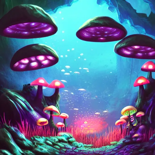 Image similar to deep sea cave, fantasy, neon mushrooms, illuminated by mushrooms, scenic underground environment, anime underwater landscape, cave, 8k, digital art, trending on art station