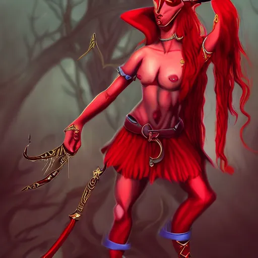 Image similar to red skinned Tiefling Bard, digital art, full body shot, WLOP