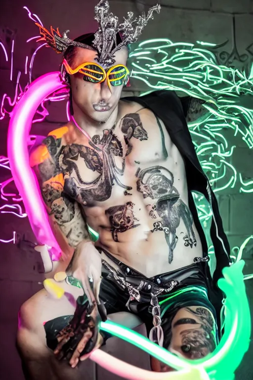 Image similar to full-body rococo and cyberpunk style neon statue of a muscular attractive Ekko wearing cholo shades macho dotado e rico android sim roupa reclining con las piernas abertas e la piroca dura, ethereal white dripping tar, glowing orange lasers, pink tigers, glowing eyes, silver prince crown, black gears, pink diamonds, swirling mint-colored silk fabric. futuristic elements. full-length view. human skulls. large intricate artwork by caravaggio. Trending on artstation, octane render, cinematic lighting from the right, hyper realism, octane render, 8k, depth of field, 3D