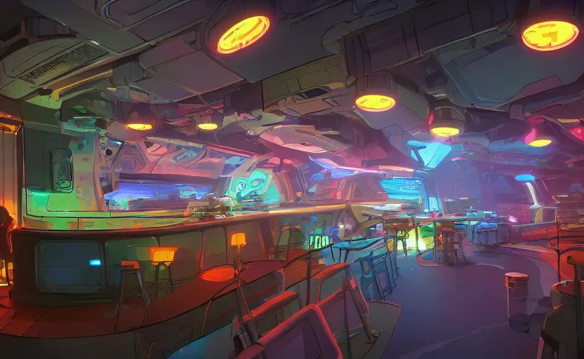 Prompt: a space station bar with humans and aliens interacting and drinking, artstation, concept art by peter chan, colorful lighting