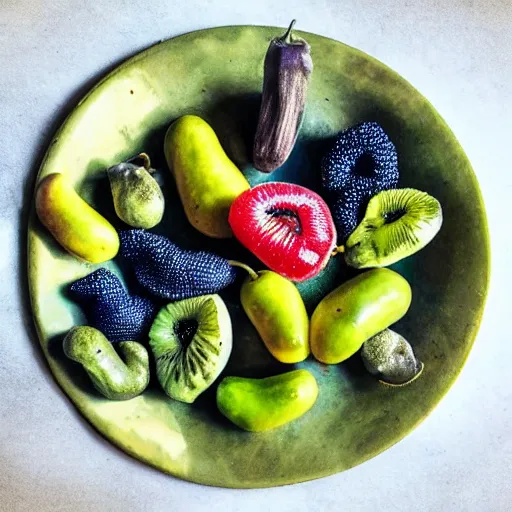 Image similar to a plate of alien fruits