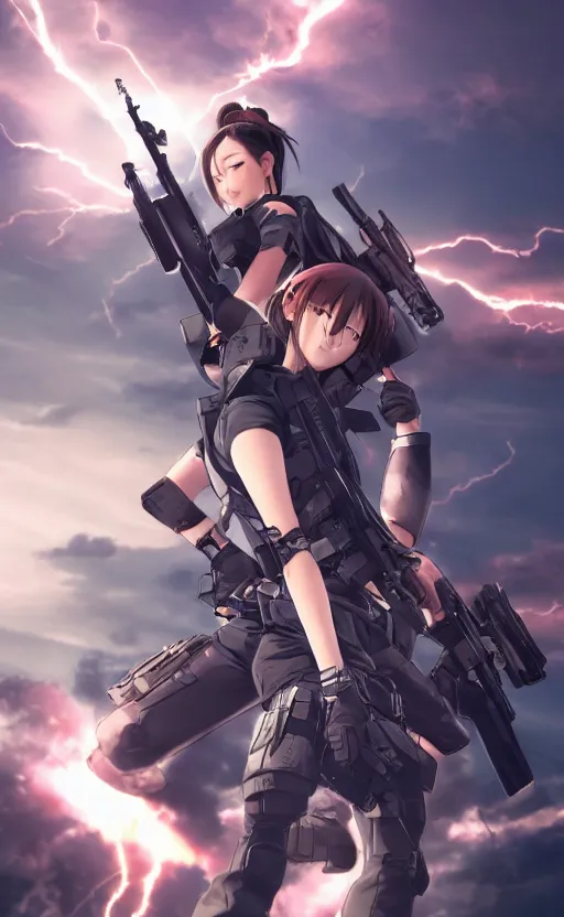 Image similar to the front of a modern trading card, highly detailed, high resolution, character design, stunning, volumetric lightning, realistic guns, girls frontline style, matte, sharp focus, illustration, artstation, by masashi kishimoto